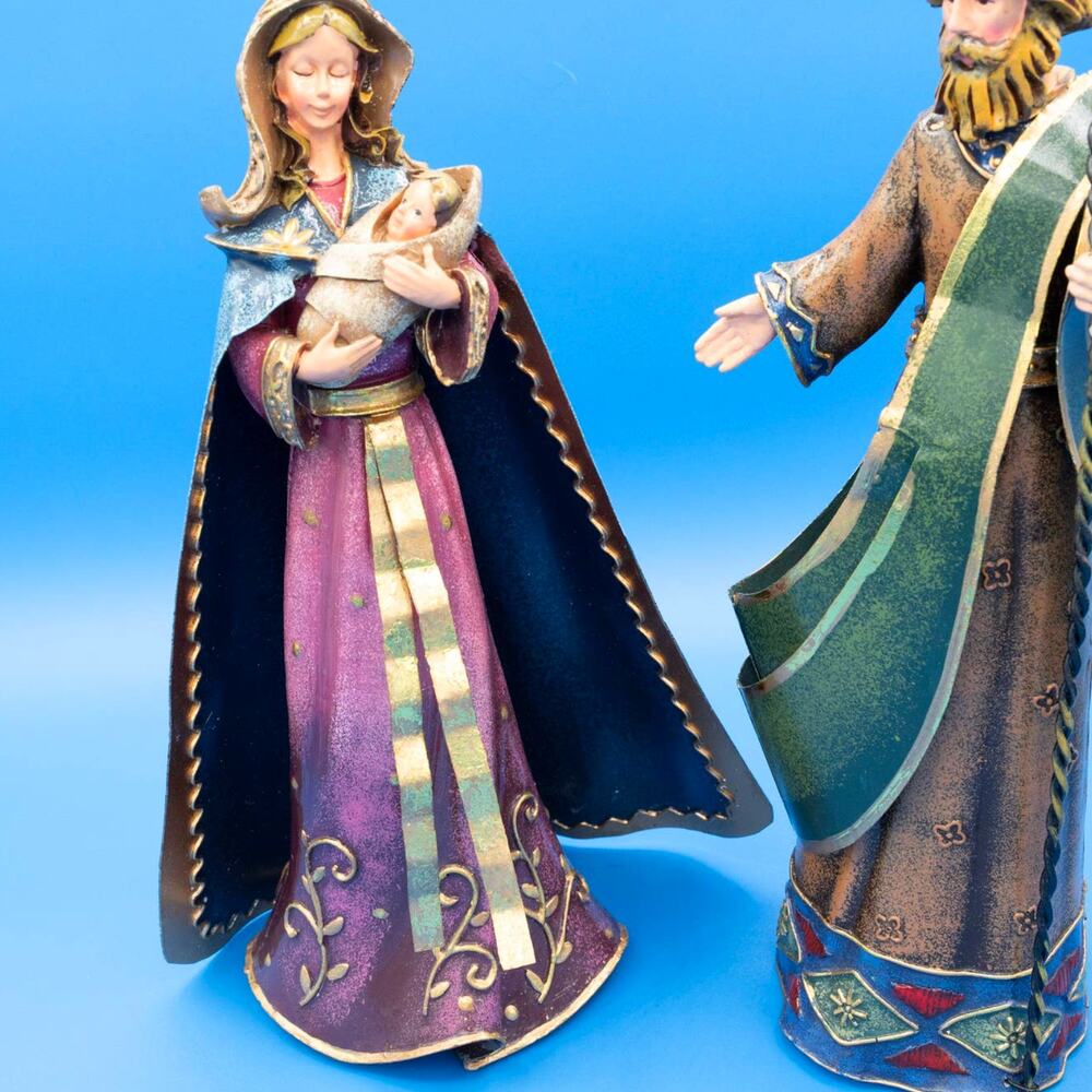 Vintage Holy Family Figurines | Hand Carved Wood & Metal | 11” Christmas Set